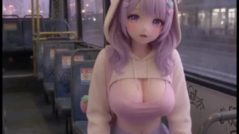 Shy kawaii hentai girl, alone on public bus